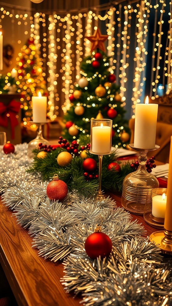 A festive Christmas table with tinsel decorations, candles, and ornaments.
